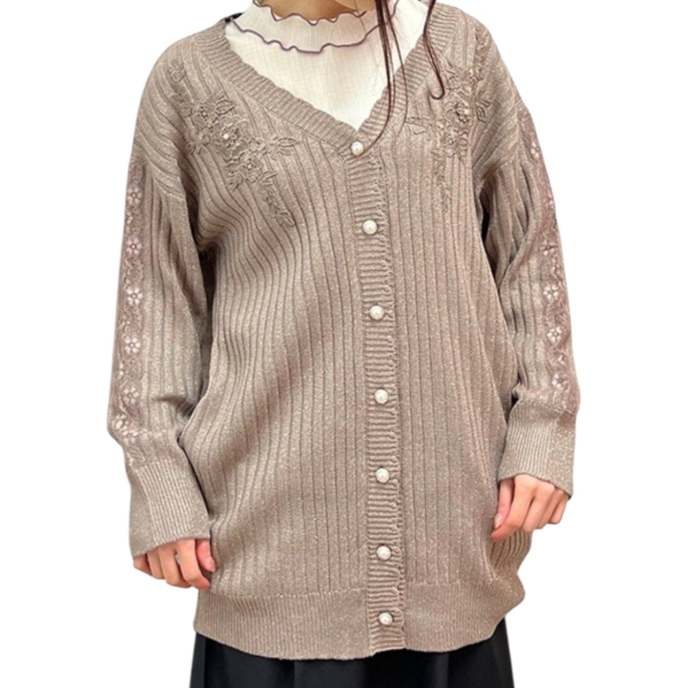 AXES FEMME Jfashion glitter lame mocha tan long knit lace cardigan sweater M